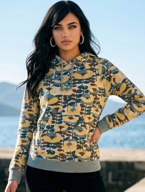 Roxy Multi-Color Patterned Hooded Sweatshirt - Blue, Yellow, Gray